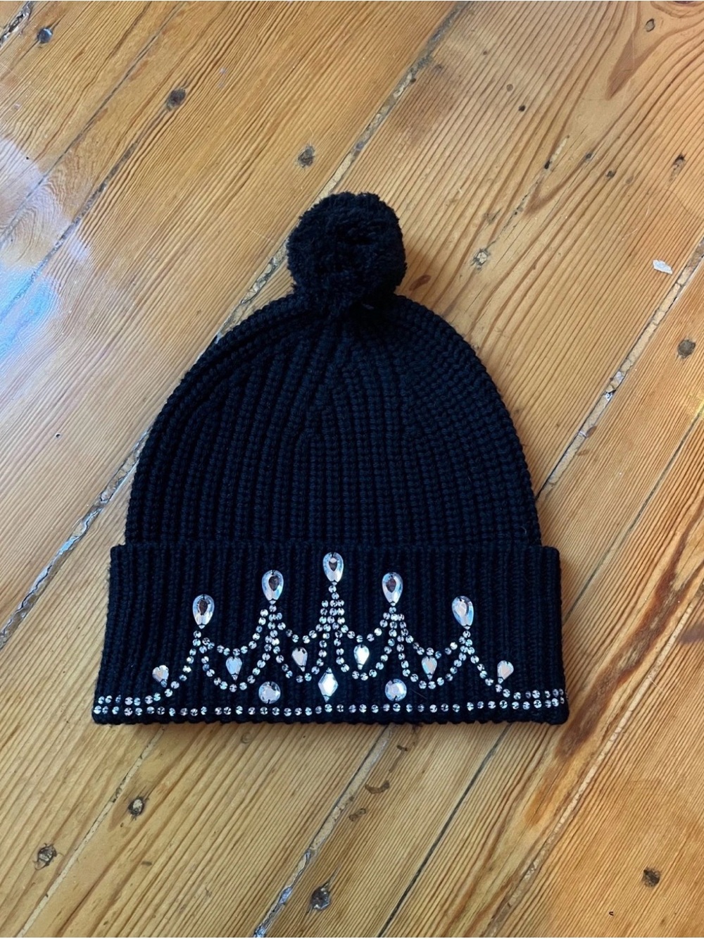 Markus Lupfer, jeweled, beanie, worn once, black, 100% Merino Wool